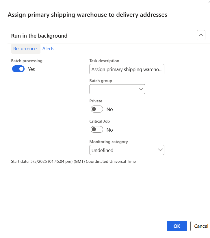 Batch process to Set shipping warehouse