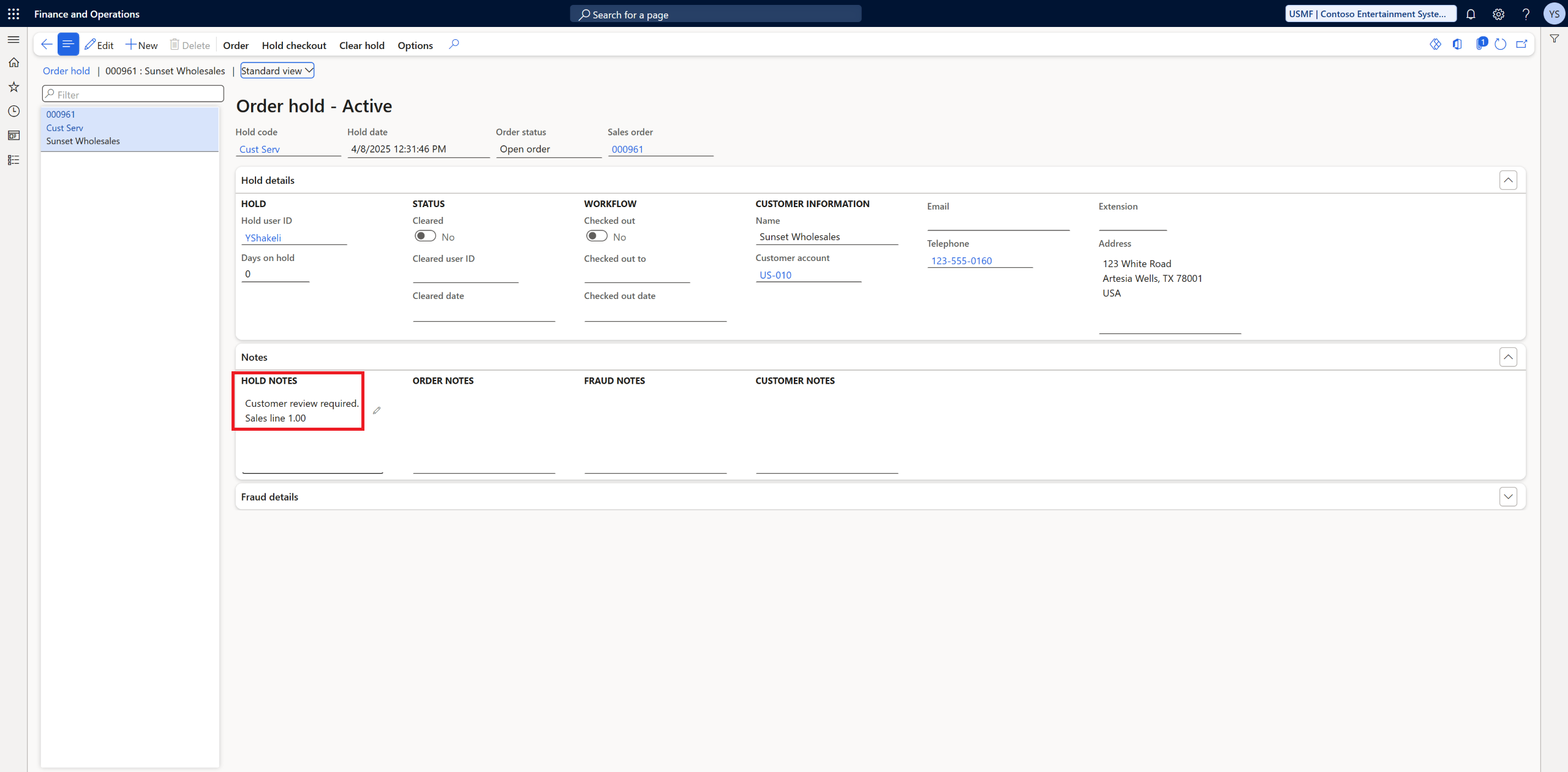 Sales order hold processing